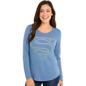 Superman DC Comics Pullover Top‎ Medium Blue Long Sleeve Gold Logo Graphic Tee